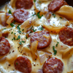 Crockpot Pierogi Casserole - Quick And Easy 4 Creamy crockpot pierogi casserole with melted cheese, caramelized onions and sour cream served in a white bowl