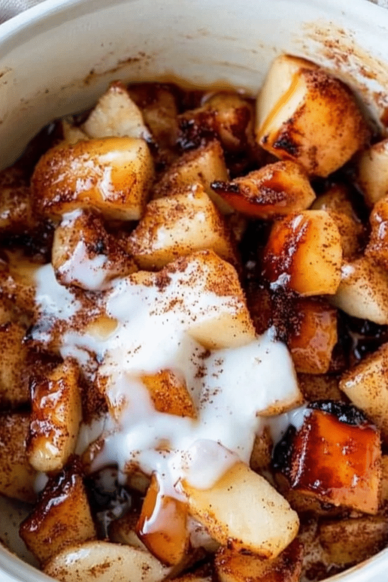 Golden caramelized air fryer apples with cinnamon and spices, served in a white bowl with a drizzle of honey