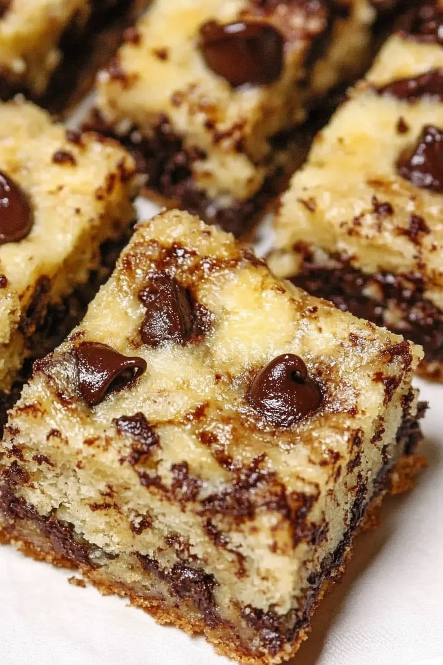 Square-cut banana chocolate chip bars with golden brown edges and melted chocolate chips, arranged on parchment paper