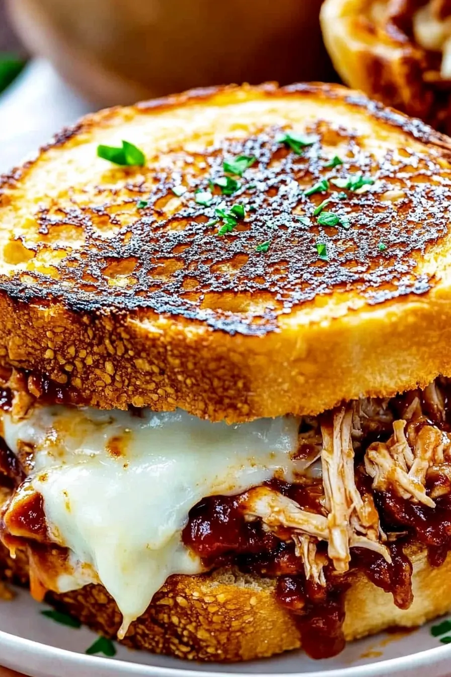 Golden brown BBQ chicken grilled cheese sandwich cut in half, showing melted cheese and shredded chicken with barbecue sauce
