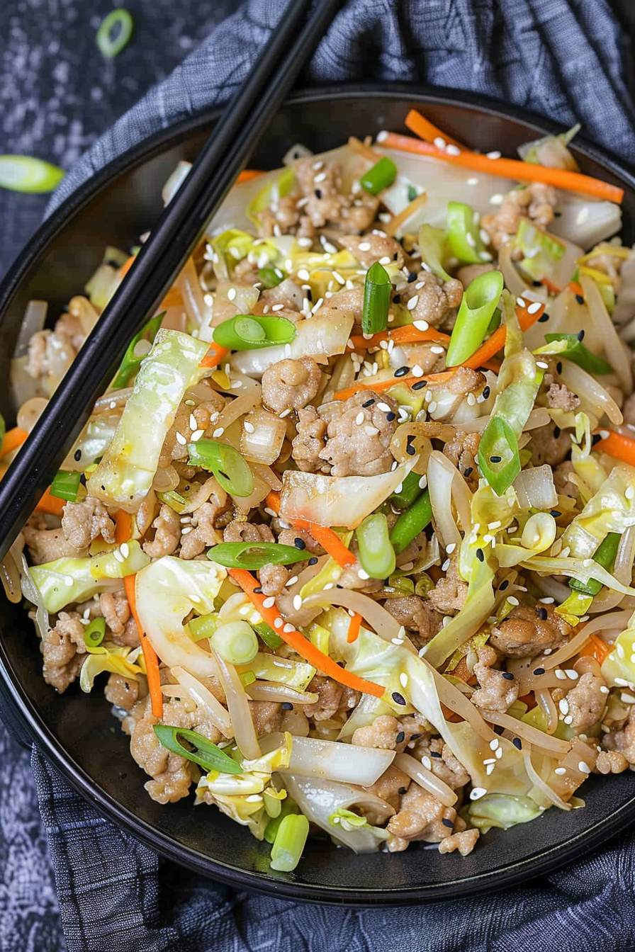 Quick & Easy Egg Roll in a Bowl for Busy Parents 1 Delicious egg roll in a bowl freshly prepared on a white plate