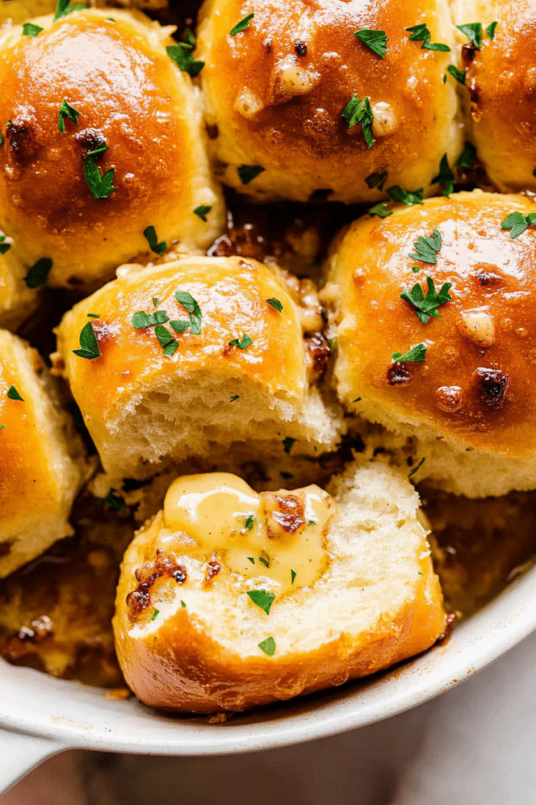 Golden brown garlic bread rolls with melted butter and herbs, arranged in a basket lined with cloth