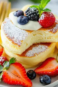 Stack of tall, fluffy Japanese soufflé pancakes dusted with powdered sugar and topped with butter, served on a white plate