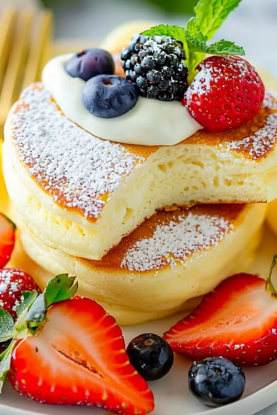 Stack of tall, fluffy Japanese soufflé pancakes dusted with powdered sugar and topped with butter, served on a white plate