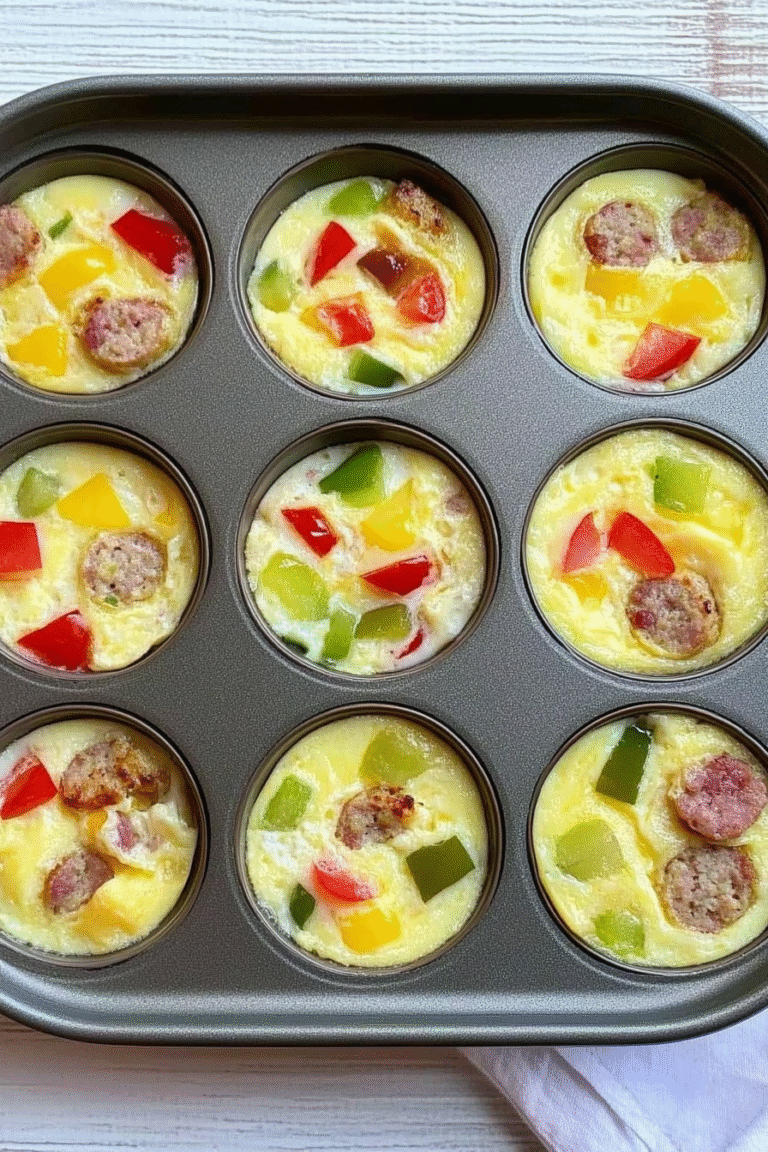 Colorful mini breakfast omelets in muffin cups filled with vegetables, cheese, and herbs, arranged on a white serving plate