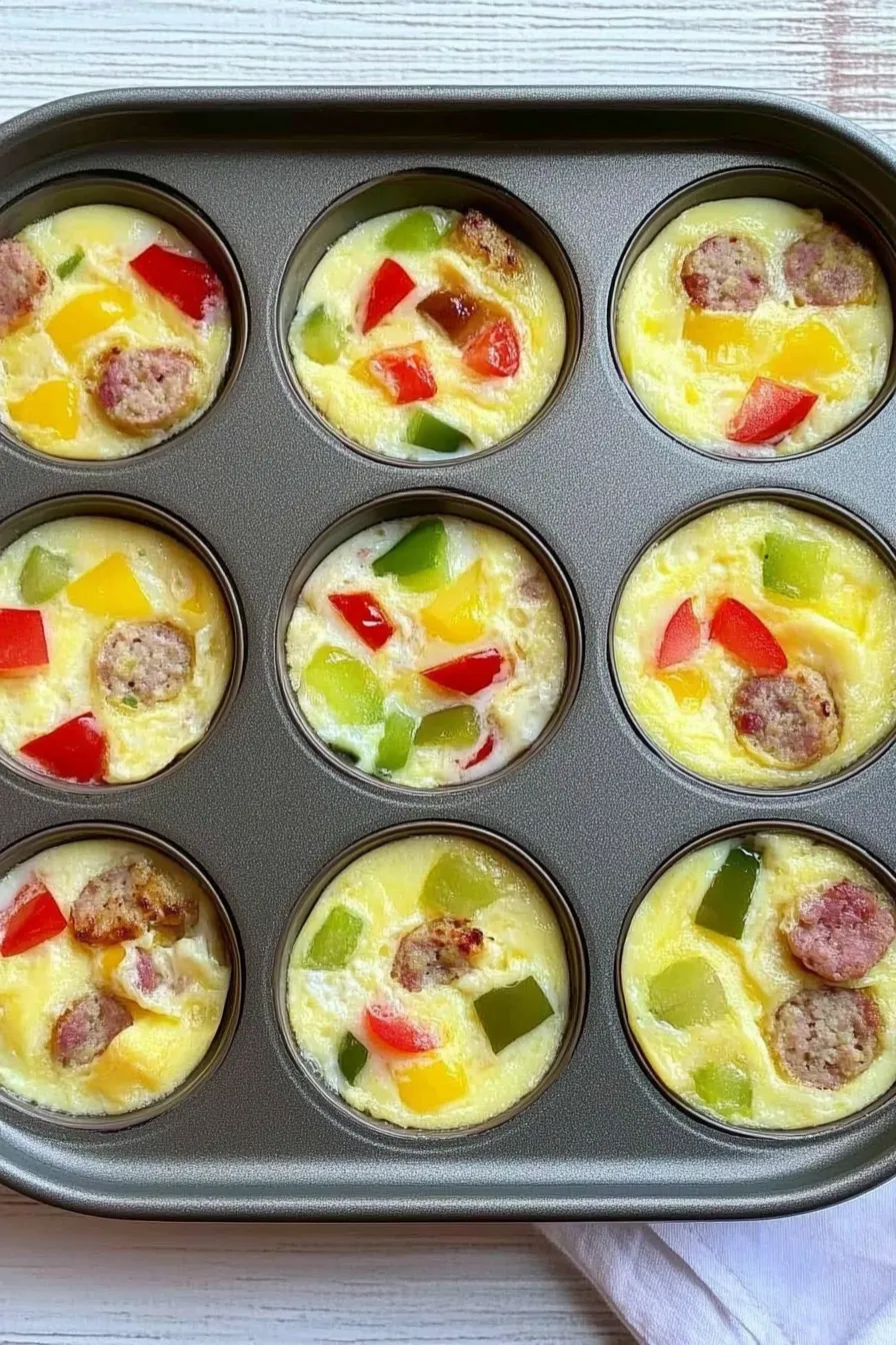 Colorful mini breakfast omelets in muffin cups filled with vegetables, cheese, and herbs, arranged on a white serving plate