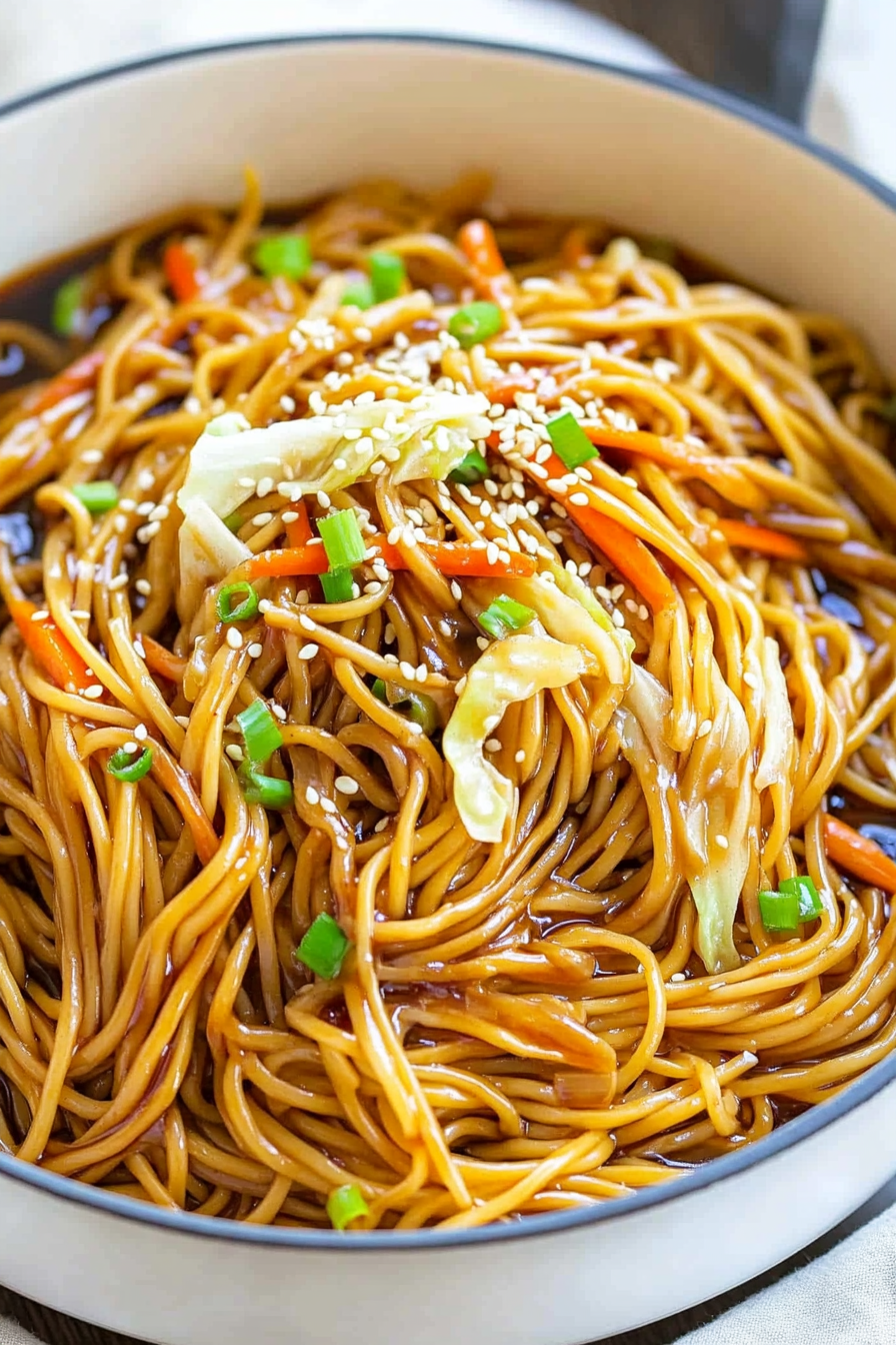 One-Pot Teriyaki Noodles Recipe - Simple and Quick Delicious One-Pot Teriyaki Noodles freshly prepared on a white plate
