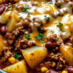 Slow Cooker Cowboy Casrole - The Ultimate Easy Recipe for Beginners 2 Hearty slow cooker cowboy casserole with ground beef, beans, corn, and melted cheese, served in a rustic bowl with garnish