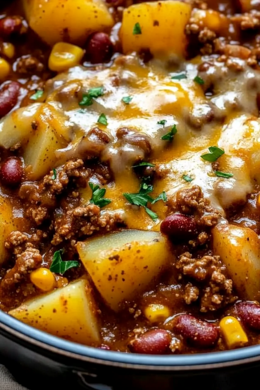 Slow Cooker Cowboy Casrole Recipe - Simple and Quick to Make Delicious Slow Cooker Cowboy Casrole Recipe Freshly Prepared on a White Plate