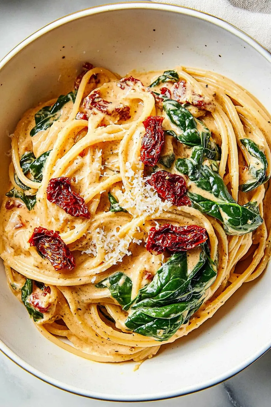 Delicious Spaghetti & Spinach with Sun-Dried Tomato Cream Sauce