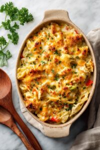 Homemade chicken casserole with melted cheese and golden breadcrumb topping in ceramic baking dish