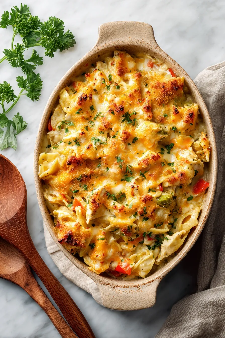 Homemade chicken casserole with melted cheese and golden breadcrumb topping in ceramic baking dish