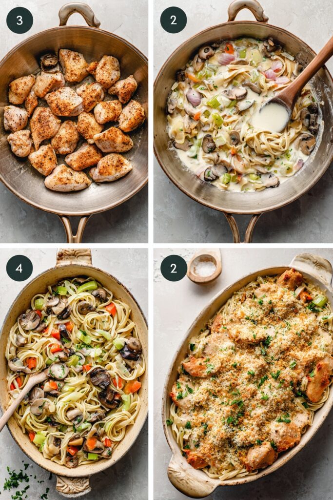 Four-step cooking process for chicken casserole showing searing, sautéing, sauce making, and assembly