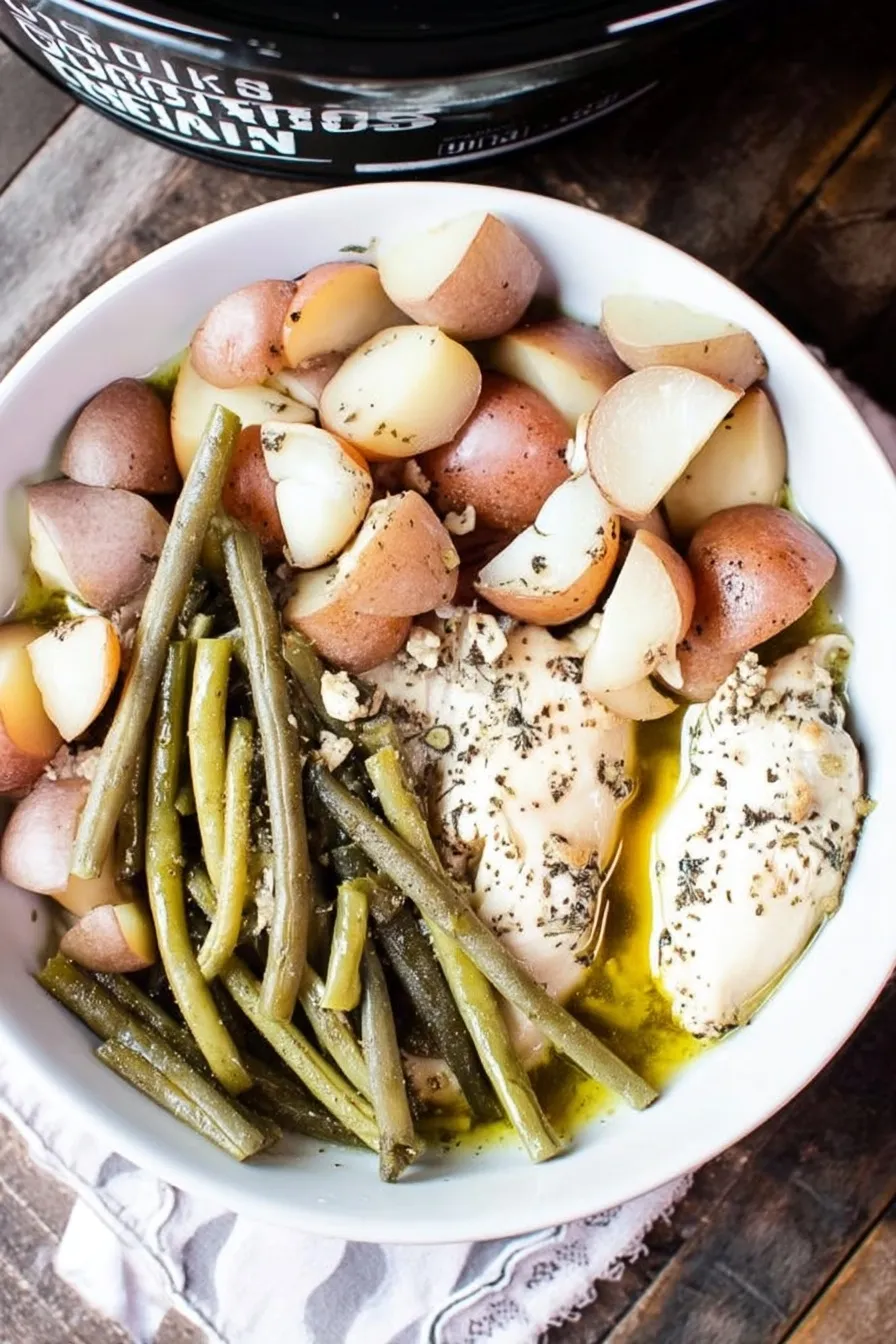Delicious crockpot chicken potatoes and green beans