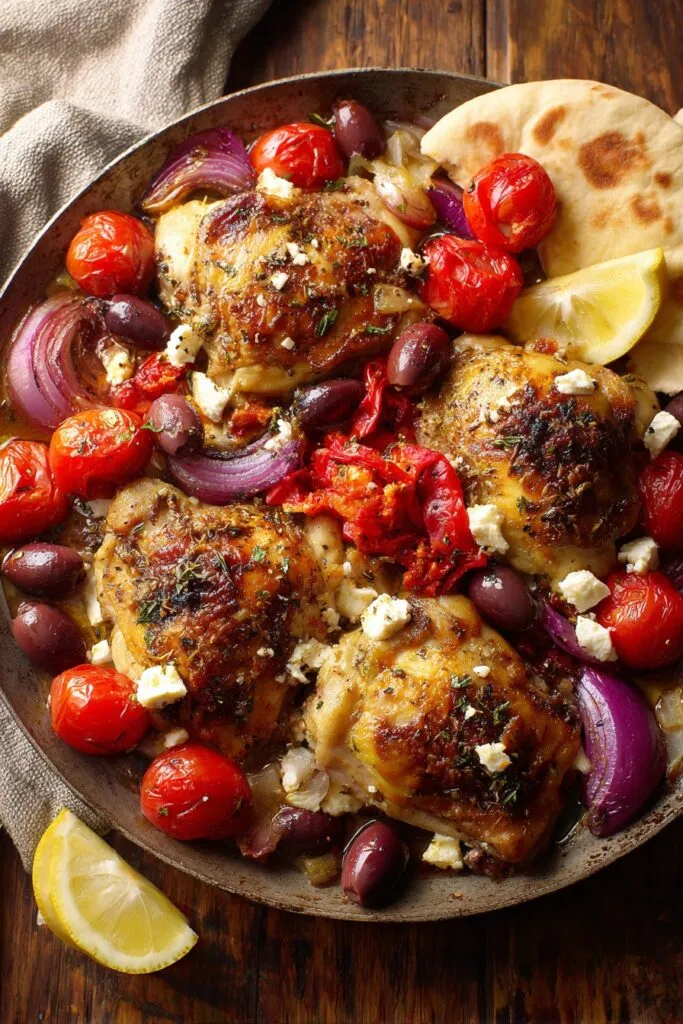 Greek Chicken - Final serving with roasted tomatoes, olives, feta and pita bread