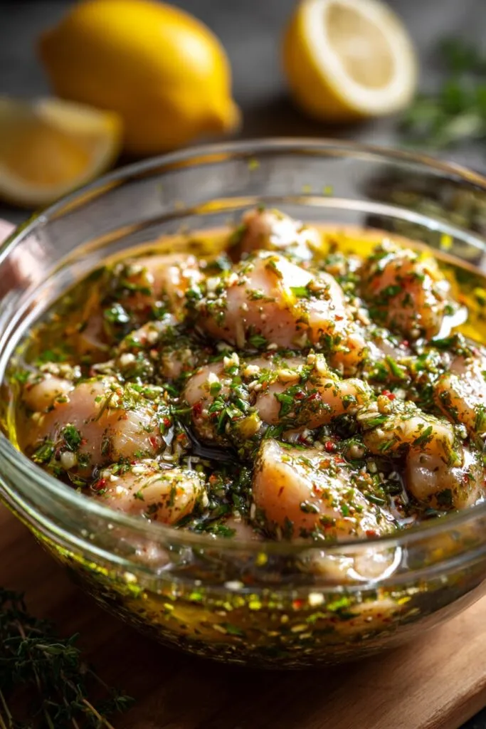 Greek Chicken - Step 1: Marinating chicken pieces in olive oil herb mixture