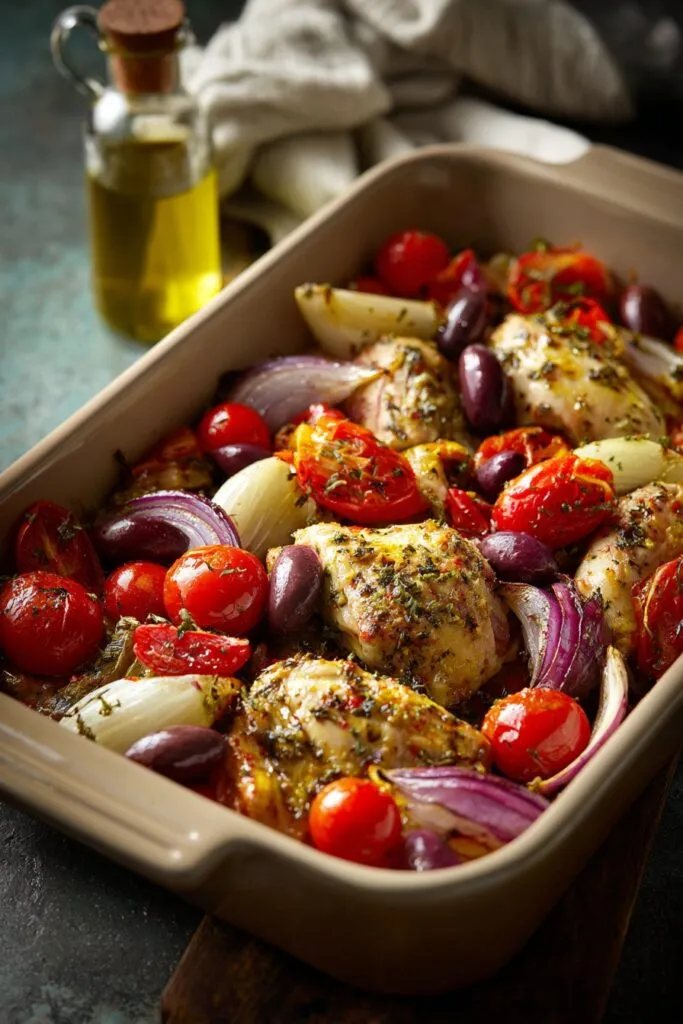 Greek Chicken - Step 2: Arranging marinated chicken with vegetables in baking dish