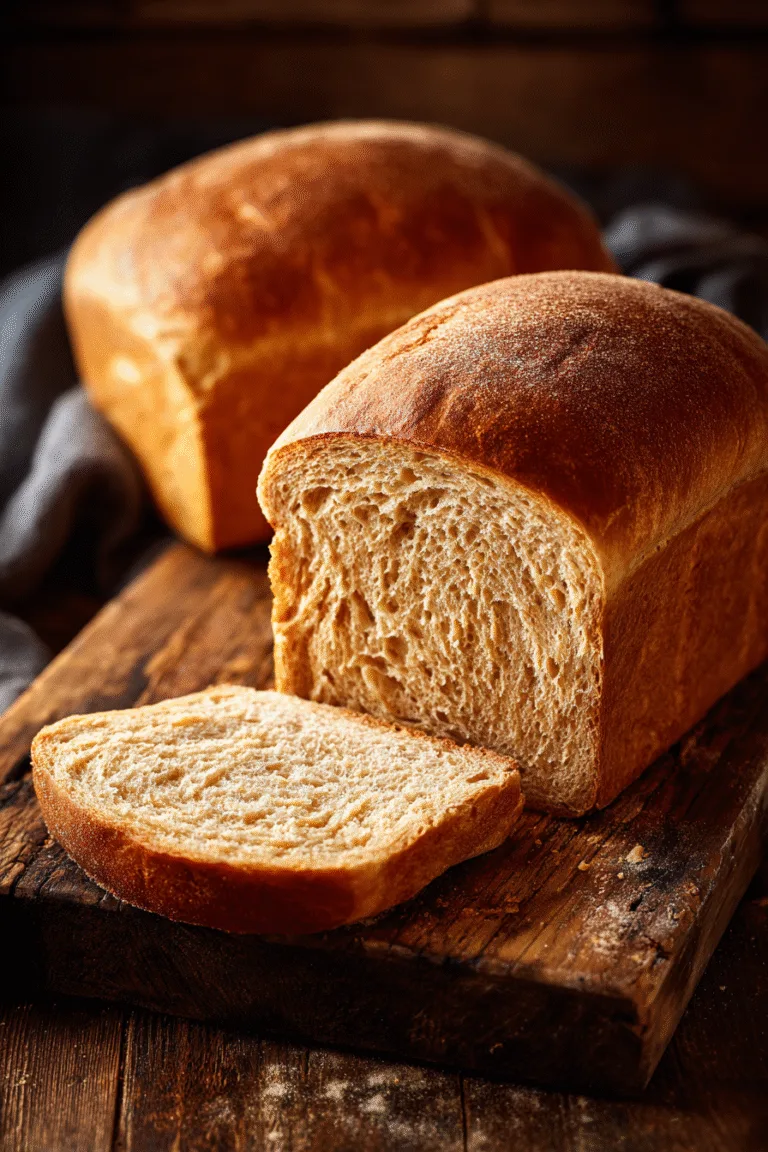 Golden honey wheat bread loaves with soft crumb texture on wooden cutting board