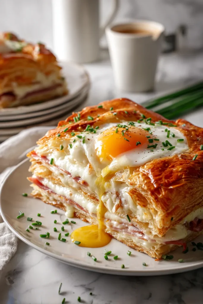 Puff pastry croque madame recipe showing cross section with ham, melted cheese, bechamel sauce and runny egg yolk