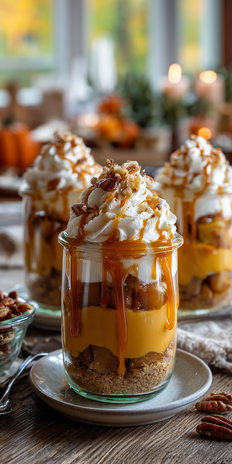 Caramel Apple Pumpkin Pie Parfaits served warm with cozy spices