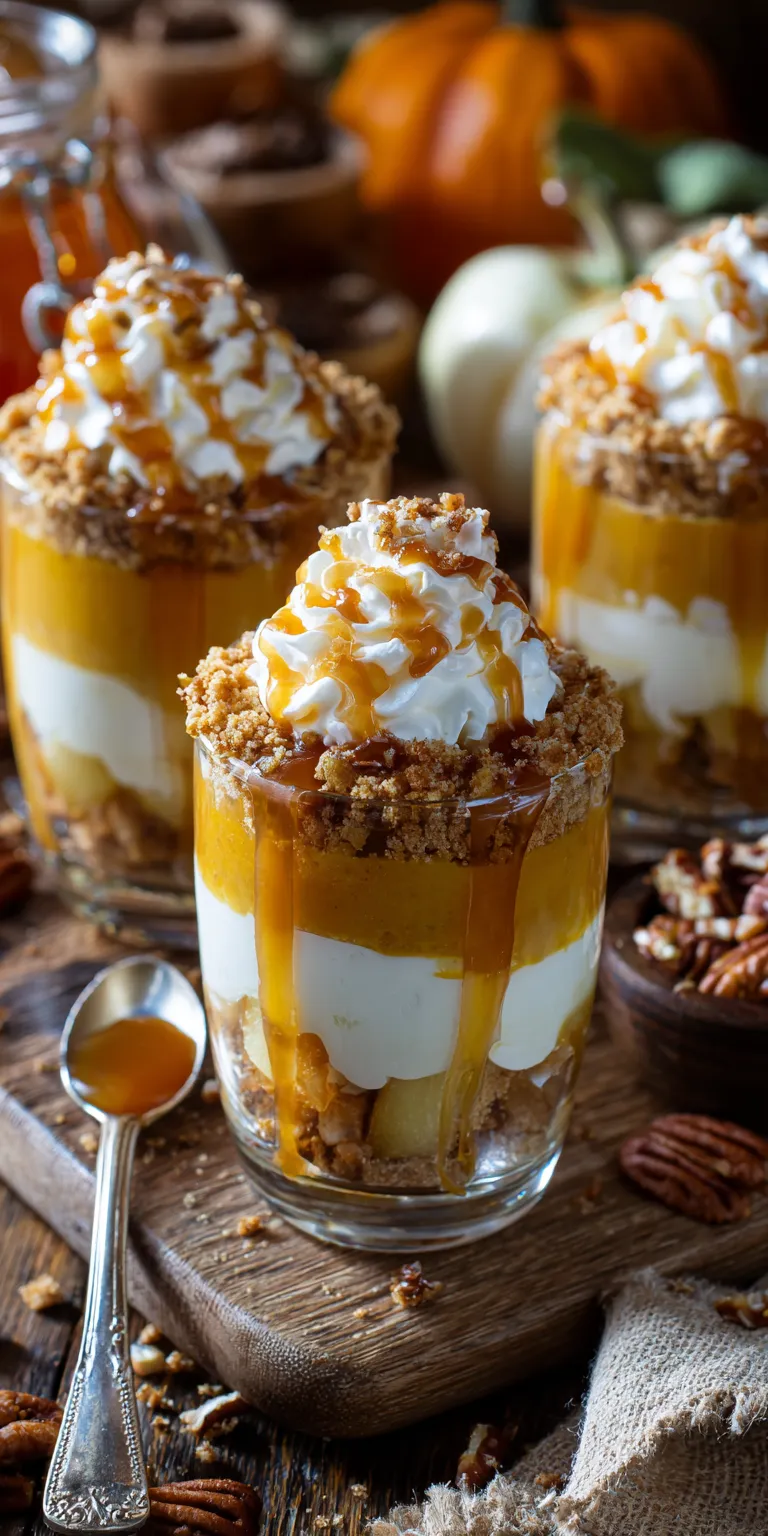Caramel Apple Pumpkin Pie Parfaits served warm with cozy spices