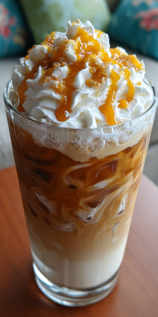 A refreshing glass of Caramel Pumpkin Spice Iced Coffee with a drizzle of caramel on top