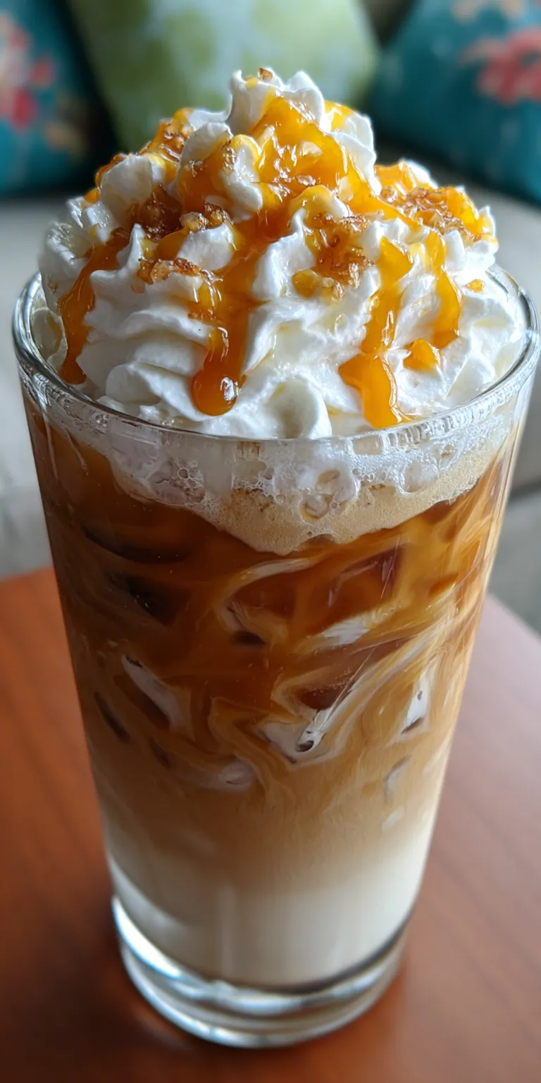 A refreshing glass of Caramel Pumpkin Spice Iced Coffee with a drizzle of caramel on top