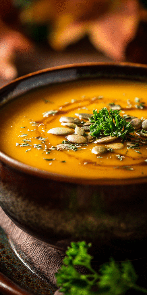 A bowl of creamy Caramelized Pumpkin & Pear Bisque with a velvety texture