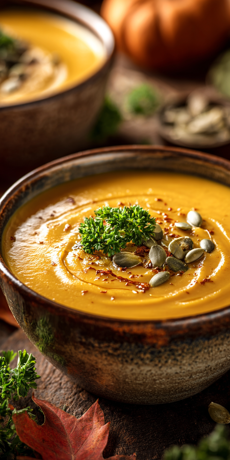 A bowl of Caramelized Pumpkin & Pear Bisque with a creamy texture and autumnal tones