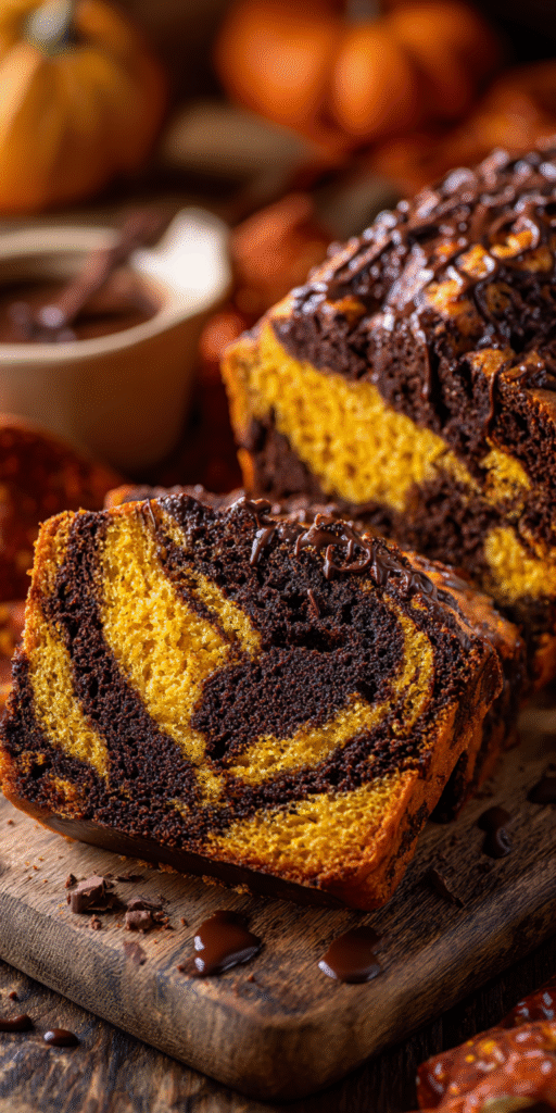 A slice of Chocolate Marble Pumpkin Spice Bread with swirls of chocolate and pumpkin
