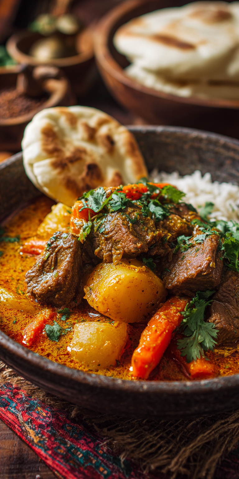 A bowl of hearty Coconut Curry Beef Stew with tender beef and creamy sauce