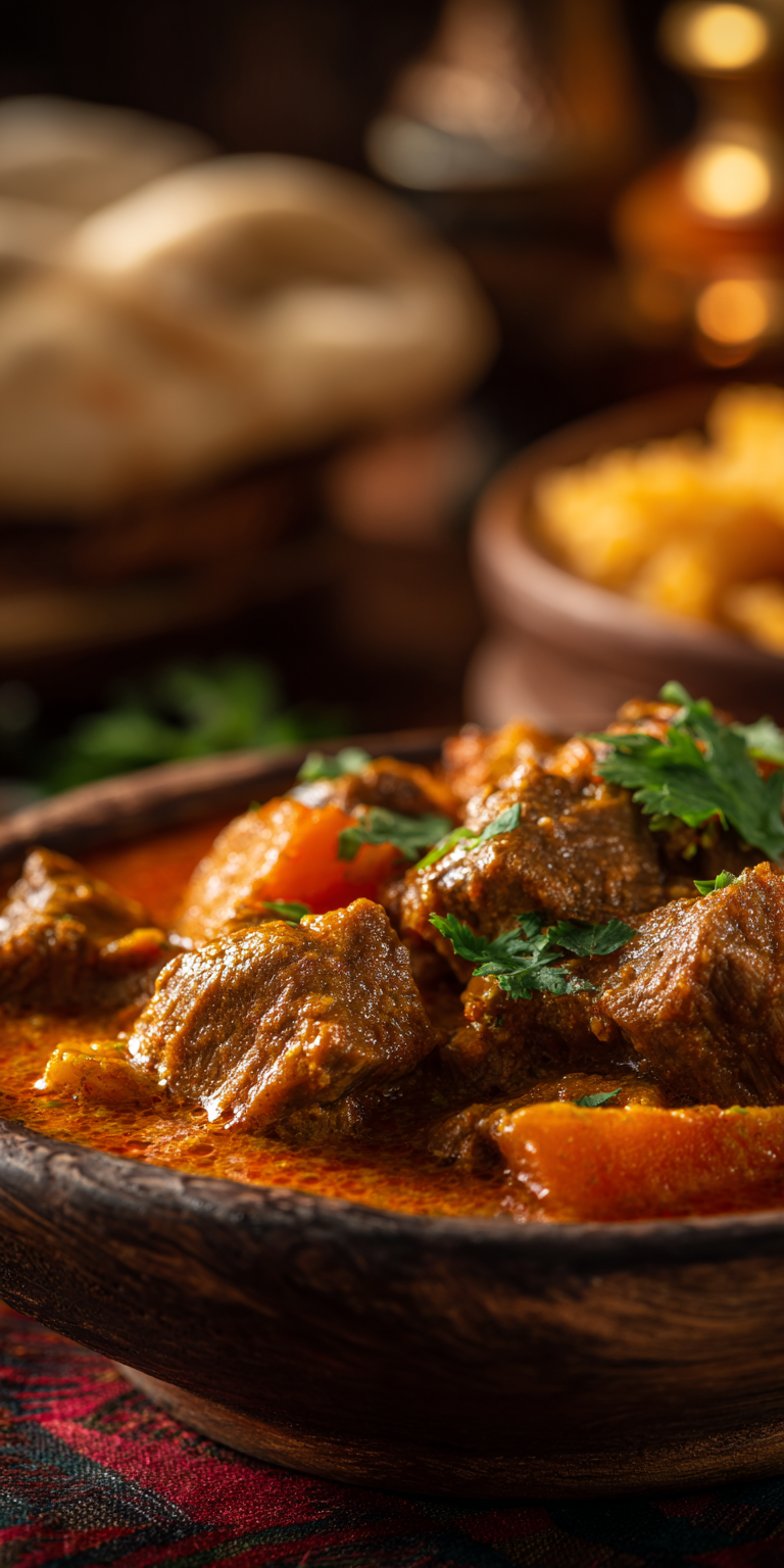 A bowl of Coconut Curry Beef Stew with tender beef and creamy sauce