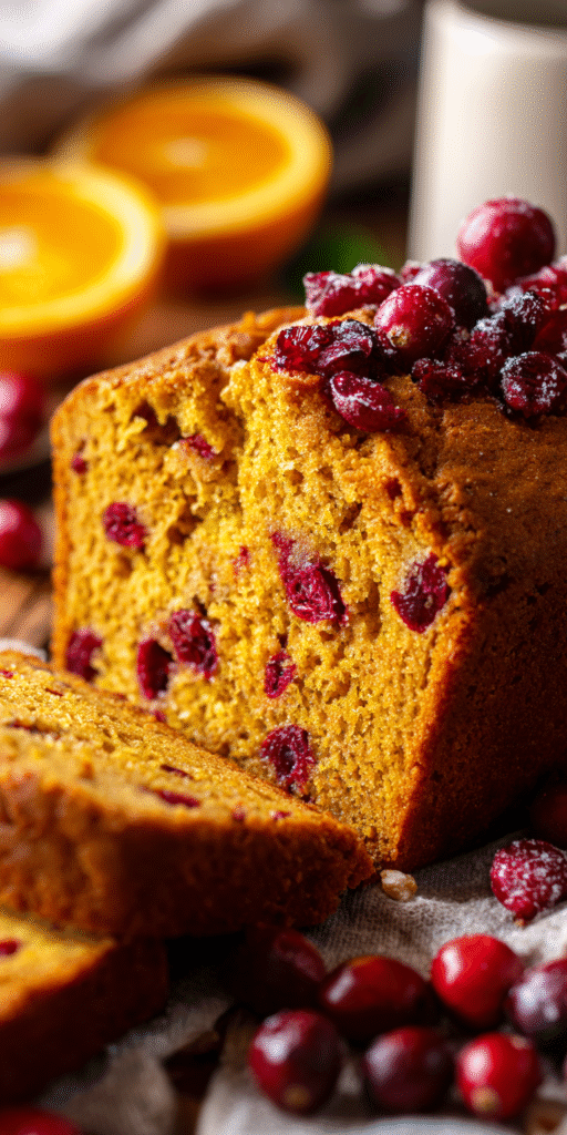 A slice of Cranberry Orange Pumpkin Morning Bread with vibrant cranberries and orange zest