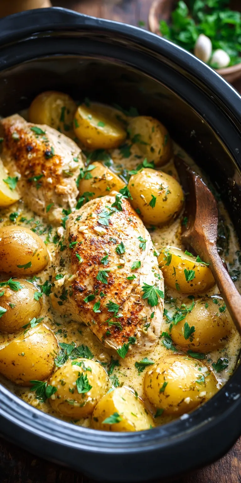 A hearty serving of Garlic Parmesan Crockpot Chicken and Potatoes with creamy sauce