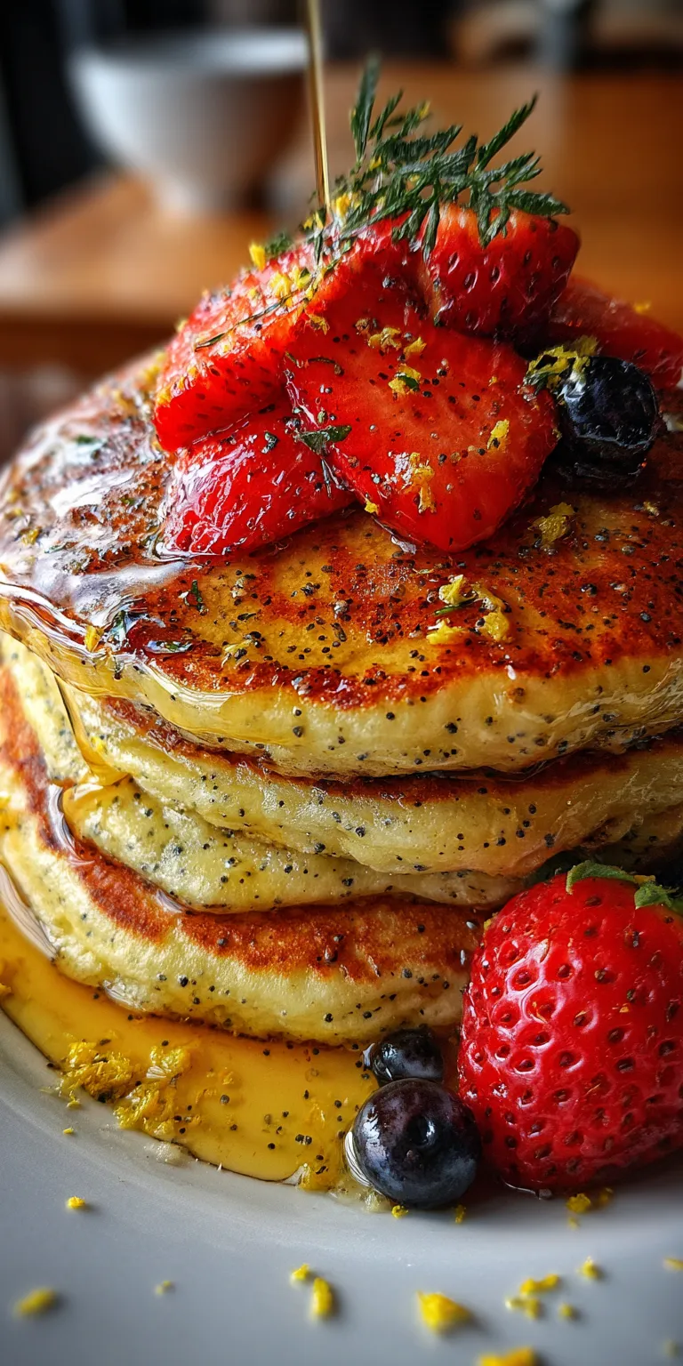 A stack of Lemon Poppyseed Sunrise Pancakes with a drizzle of syrup and lemon zest on top