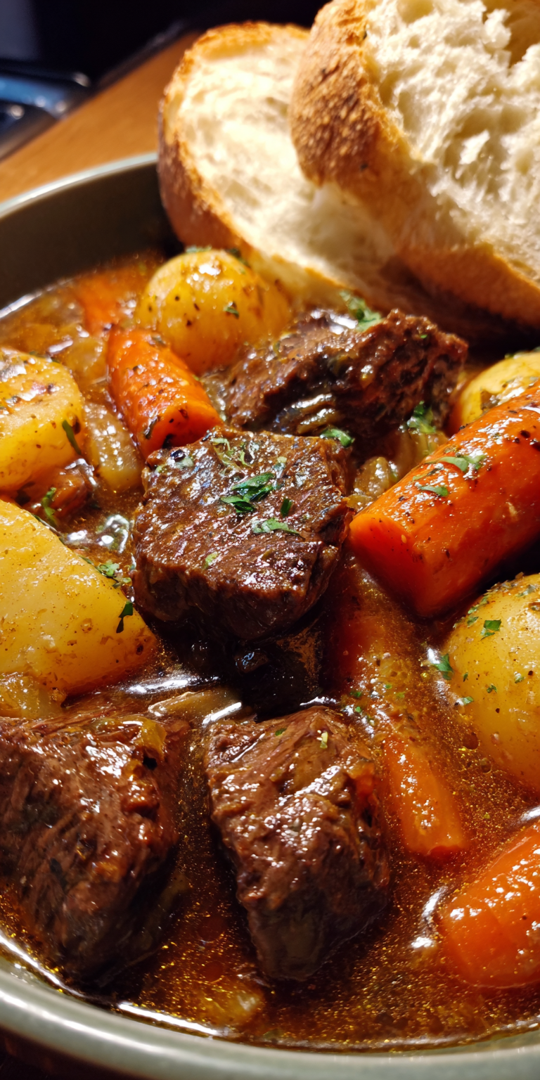 A bowl of hearty Maple-Dijon Beef Stew with tender beef and vegetables