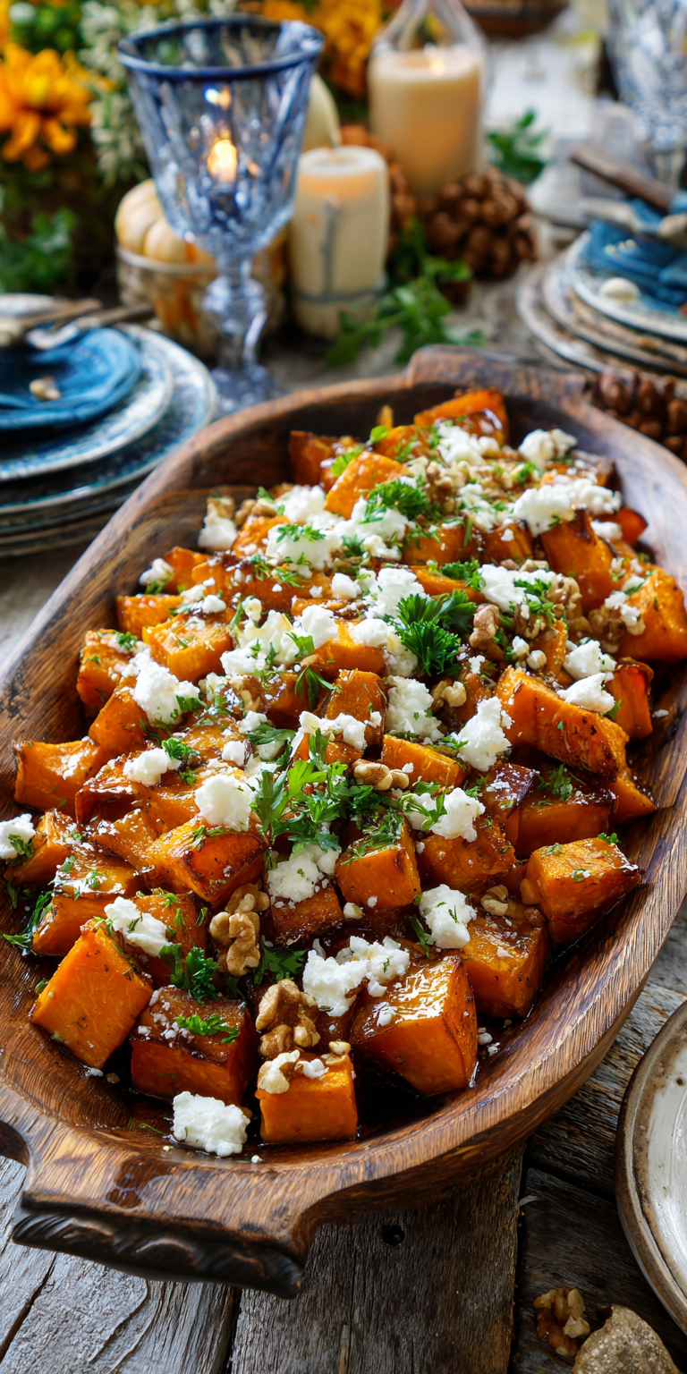 Maple Glazed Sweet Potatoes with goat cheese and walnuts on a rustic plate