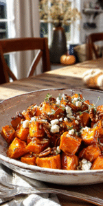 Maple glazed sweet potatoes with pecans and goat cheese on a rustic platter