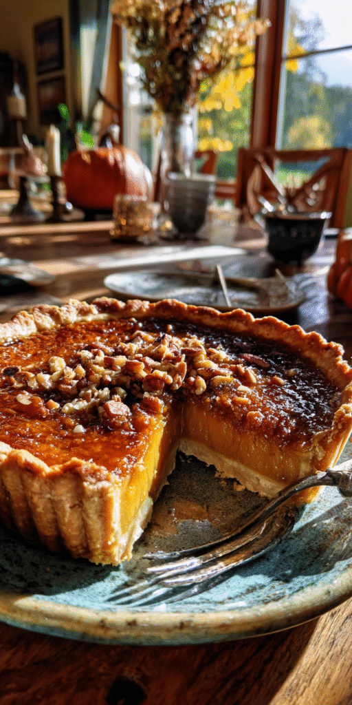 A slice of Maple Pecan Pumpkin Brûlée Pie with a caramelized top and nutty crust