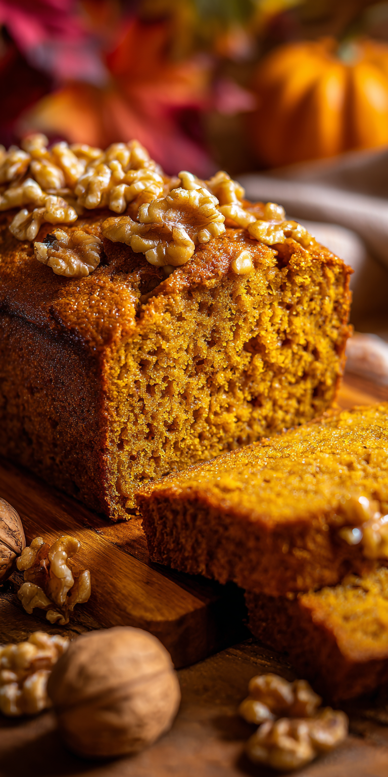 A slice of Maple Walnut Pumpkin Harvest Loaf on a rustic plate with fall decor