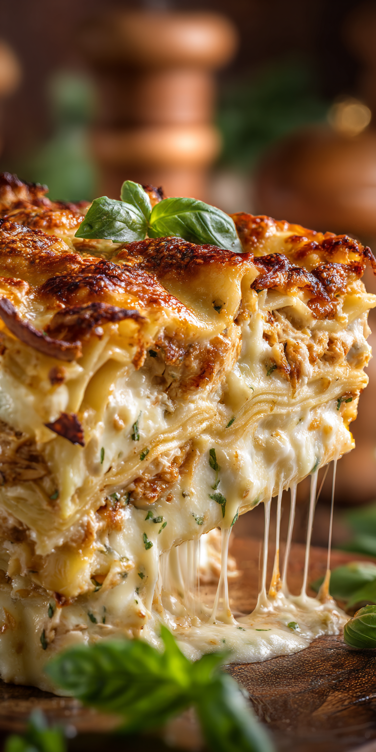 A serving of creamy Marry Me Chicken Lasagna with cheesy layers on a plate