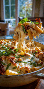 A delicious Marry Me Chicken Pasta Bake fresh from the oven with creamy sauce and golden cheese