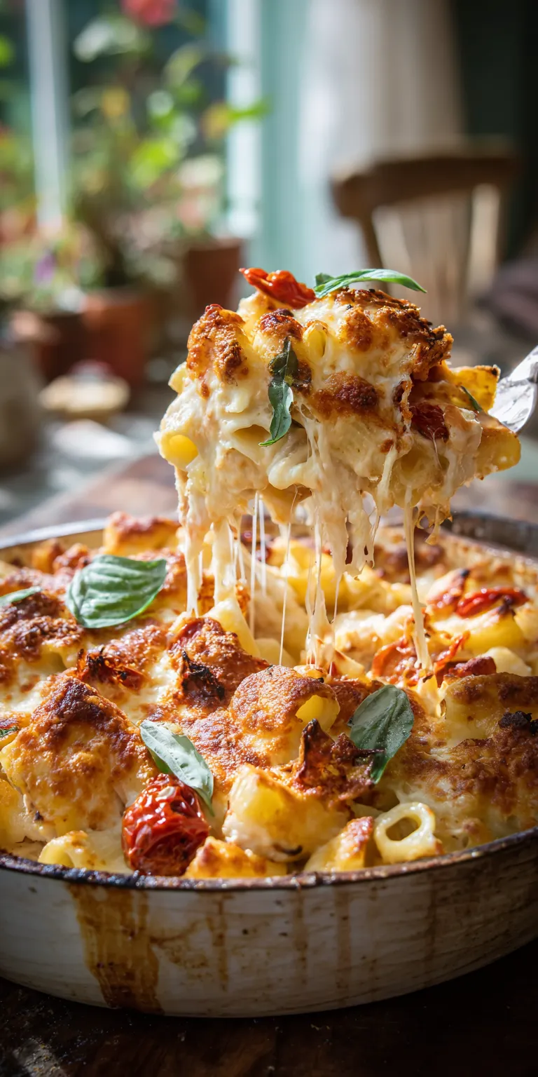 A comforting plate of Marry Me Chicken Pasta Bake with creamy sauce and tender chicken