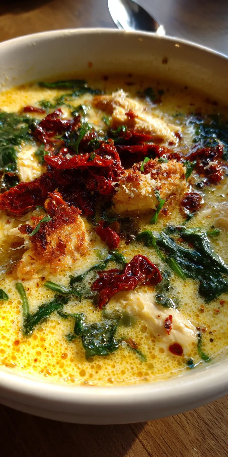 A bowl of creamy Marry Me Chicken Soup with tender chicken and rich broth