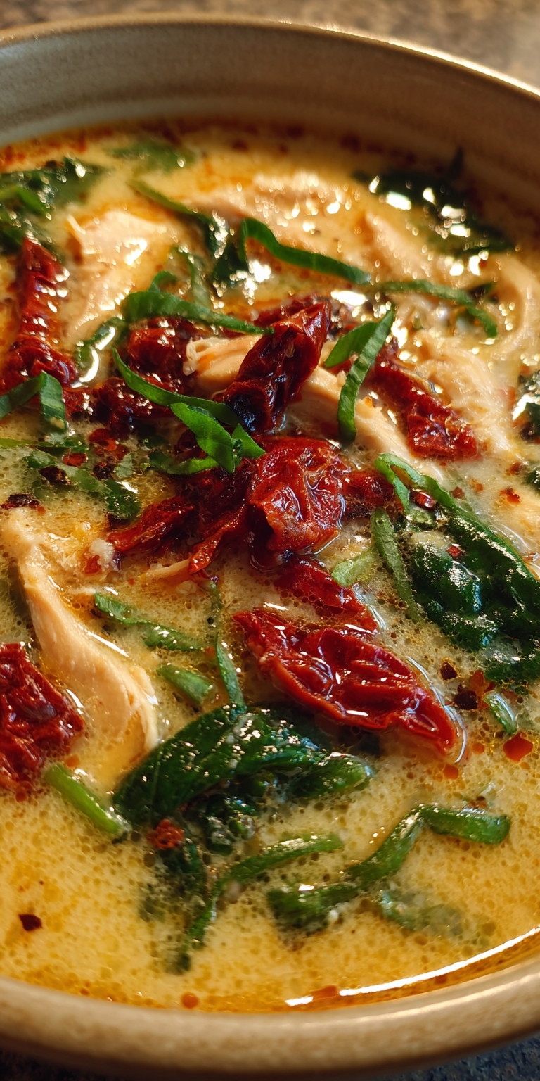 A bowl of creamy Marry Me Chicken Soup with tender chicken and rich broth