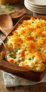 Old School Chicken and Rice Casserole plated with creamy rice, tender chicken, peas and carrots, topped with melted cheddar