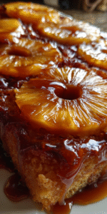 Slice of Pineapple Upside-Down Banana Cake Bread with caramelized topping