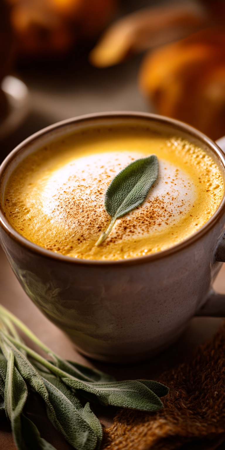 A bowl of creamy Pumpkin Sage Cappuccino Soup with a frothy topping