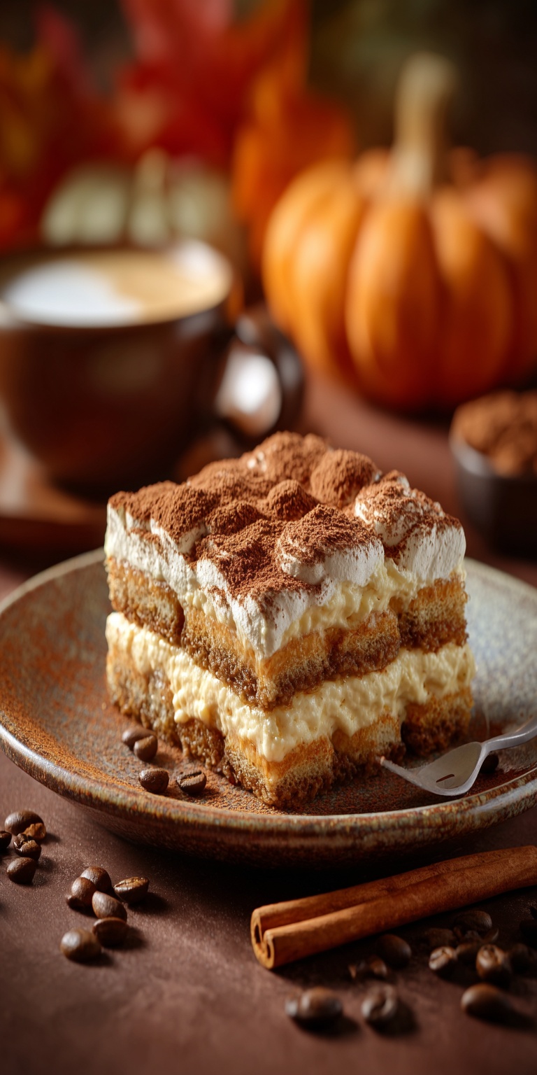 Close-up of components for a Pumpkin Spice Latte Tiramisu recipe with pumpkin and coffee elements