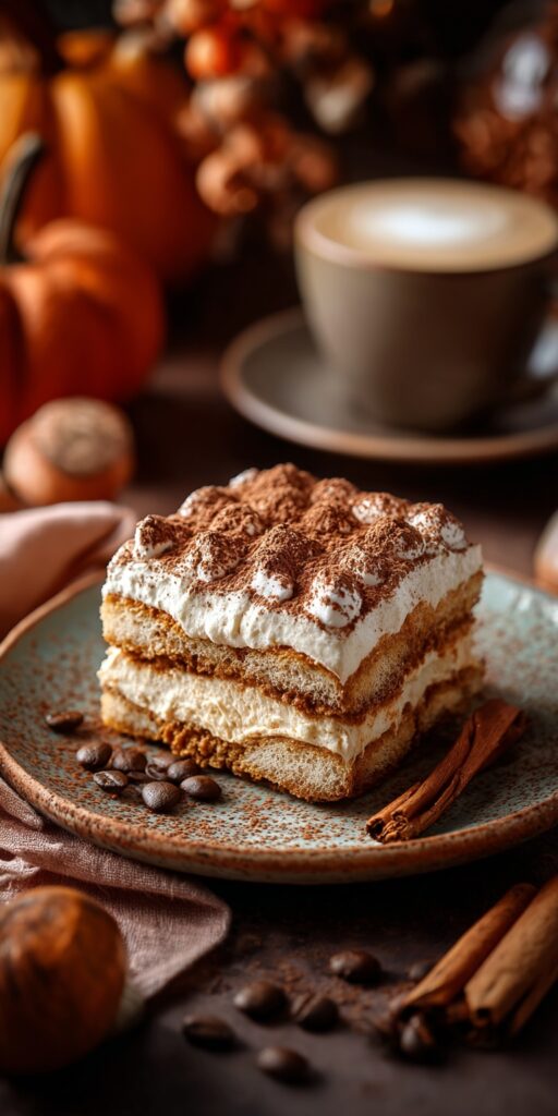 A slice of Pumpkin Spice Latte Tiramisu on a plate with coffee in the background